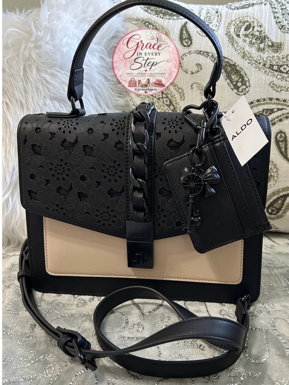 NWT ALDO Chili’s Black and Beige Top Laser-Cut Floral Flap Top Handle Satchel